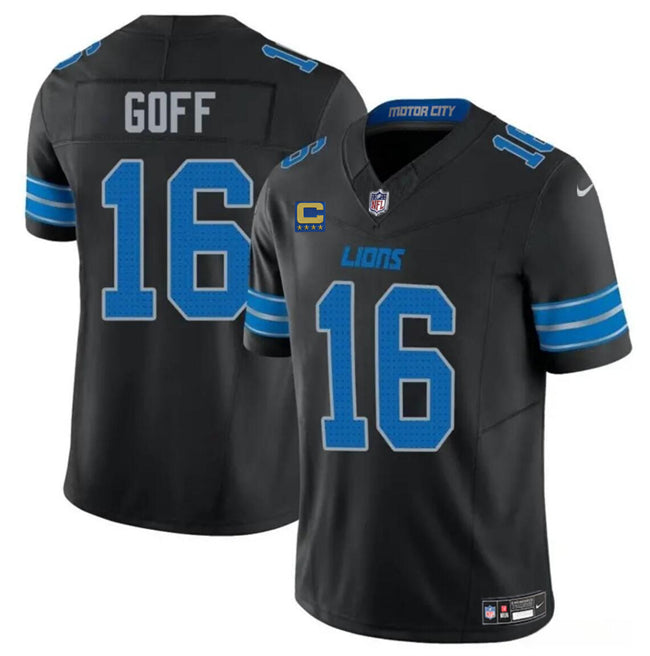 Custom Men’s Detroit Lions #16 Jared Goff Black 2024 F.U.S.E. With 4-Star C Patch 2nd Alternate Vapor Limited Stitched Jersey