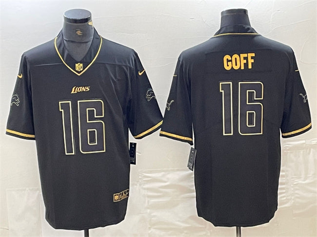 Custom Men’s Detroit Lions #16 Jared Goff Black Gold Edition Stitched Jersey