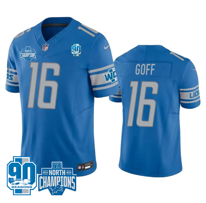 Custom Men’s Detroit Lions #16 Jared Goff Blue 2023 F.U.S.E. 90th Anniversary NFC North Division Champions Vapor Untouchable Limited Stitched Jersey