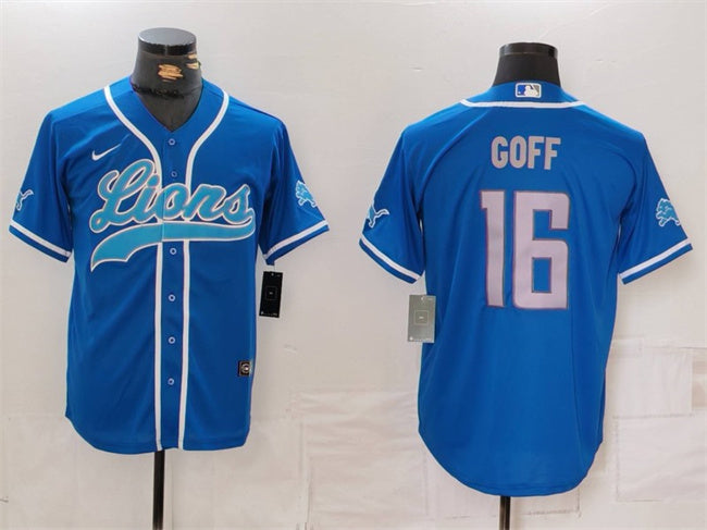 Custom Men’s Detroit Lions #16 Jared Goff Blue Cool Base Stitched Baseball Jersey