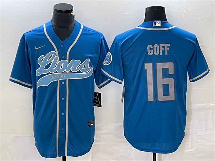 Custom Men’s Detroit Lions #16 Jared Goff Blue Cool Base Stitched Baseball Jersey