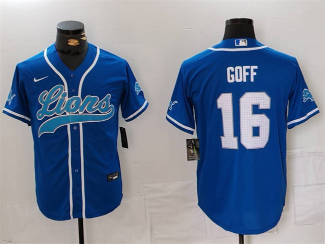 Custom Men’s Detroit Lions #16 Jared Goff Blue Cool Base Stitched Baseball Jersey