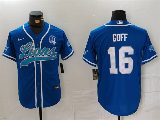 Custom Men’s Detroit Lions #16 Jared Goff Blue With 90th Anniversary Patch Cool Base Stitched Baseball Jersey