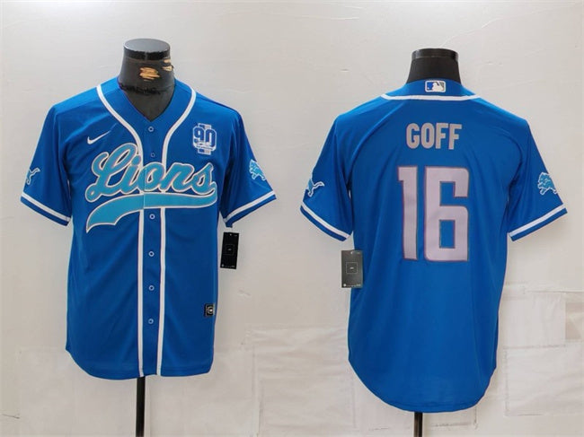 Custom Men’s Detroit Lions #16 Jared Goff Blue With 90th Anniversary Patch Cool Base Stitched Baseball Jersey