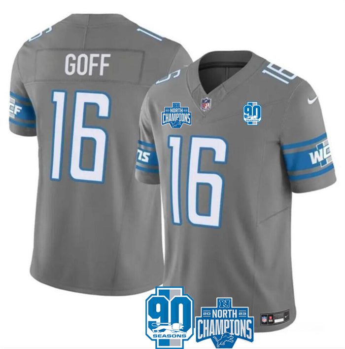 Custom Men’s Detroit Lions #16 Jared Goff Grey 2023 F.U.S.E. 90th Anniversary NFC North Division Champions Vapor Untouchable Limited Stitched Jersey