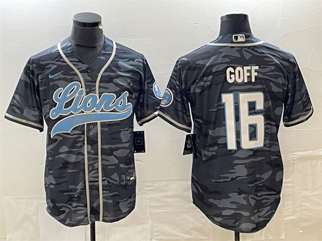 Custom Men’s Detroit Lions #16 Jared Goff Grey Camo Cool Base Stitched Baseball Jersey