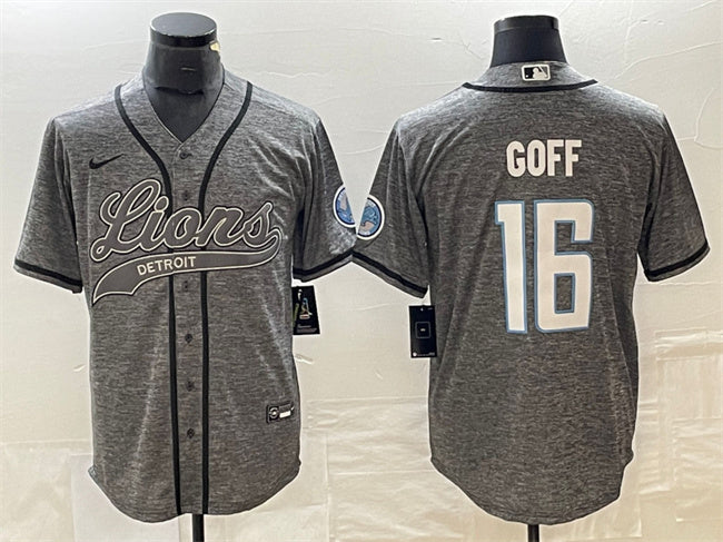 Custom Men’s Detroit Lions #16 Jared Goff Grey Cool Base Stitched Baseball Jersey