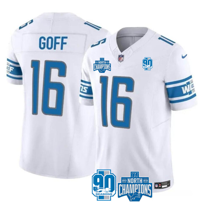 Custom Men’s Detroit Lions #16 Jared Goff White 2023 F.U.S.E. 90th Anniversary NFC North Division Champions Vapor Untouchable Limited Stitched Jersey