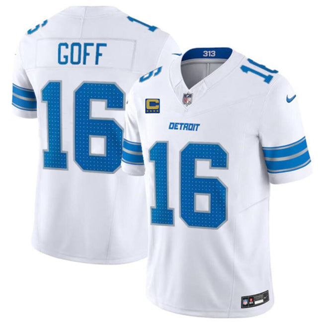 Custom Men’s Detroit Lions #16 Jared Goff White 2024 F.U.S.E. With 4-Star C Patch Vapor Limited Stitched Jersey