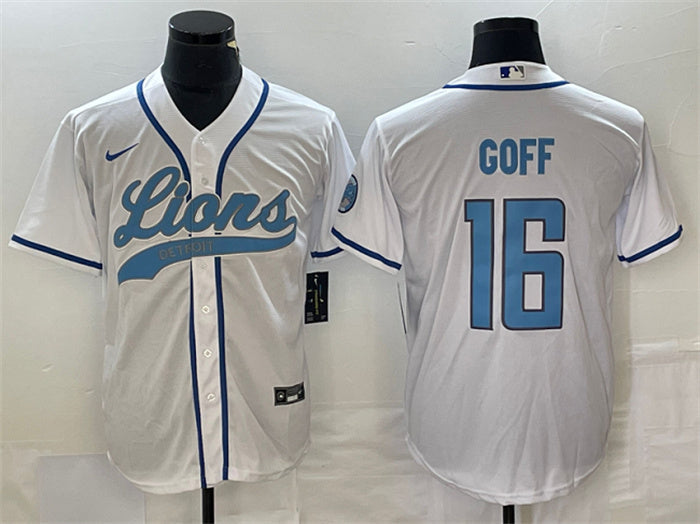 Custom Men’s Detroit Lions #16 Jared Goff White Cool Base Stitched Baseball Jersey