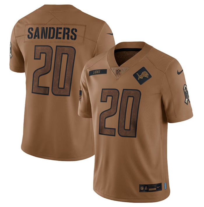 Custom Men’s Detroit Lions #20 Barry Sanders 2023 Brown Salute To Service Limited Stitched Jersey