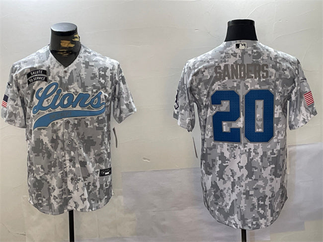 Custom Men’s Detroit Lions #20 Barry Sanders 2024 Arctic Camo Salute To Service Stitched Baseball Jersey
