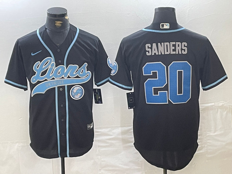 Custom Men’s Detroit Lions #20 Barry Sanders Black Cool Base Stitched Baseball Jersey