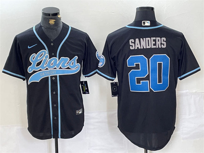 Custom Men’s Detroit Lions #20 Barry Sanders Black Cool Base Stitched Baseball Jersey
