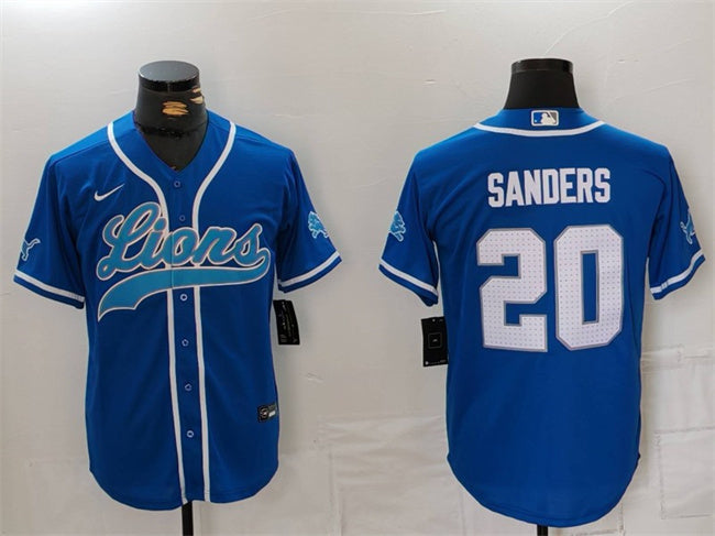Custom Men’s Detroit Lions #20 Barry Sanders Blue Cool Base Stitched Baseball Jersey