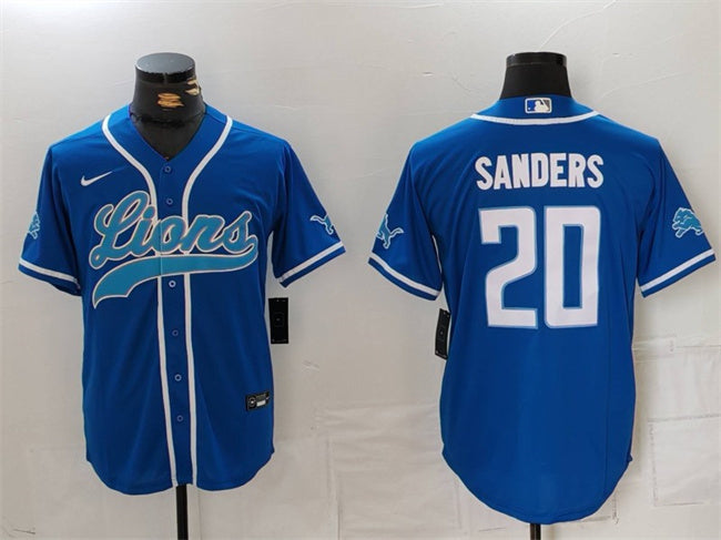 Custom Men’s Detroit Lions #20 Barry Sanders Blue Cool Base Stitched Baseball Jersey