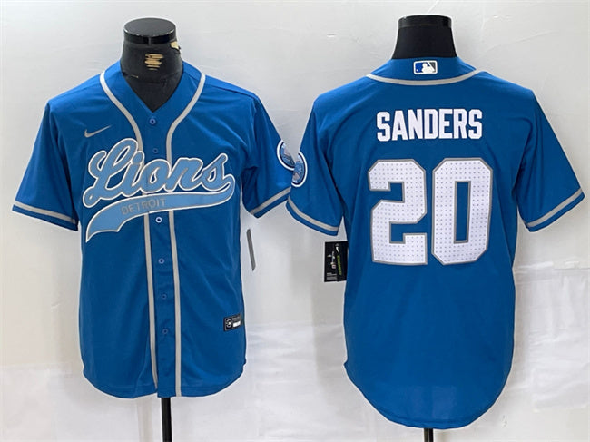 Custom Men’s Detroit Lions #20 Barry Sanders Blue Cool Base Stitched Baseball Jersey