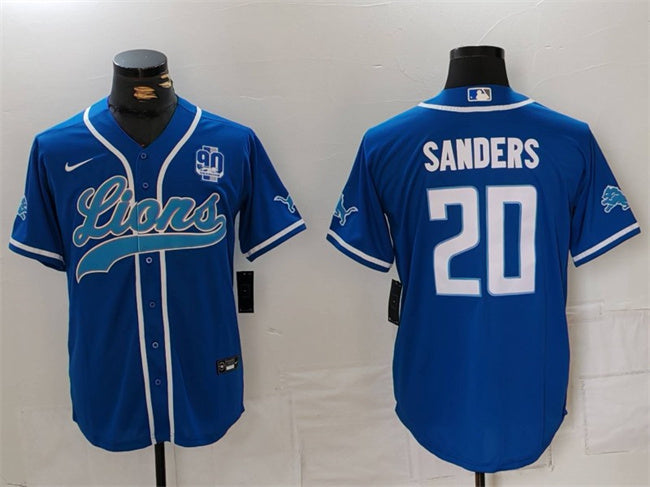 Custom Men’s Detroit Lions #20 Barry Sanders Blue With 90th Anniversary Patch Cool Base Stitched Baseball Jersey