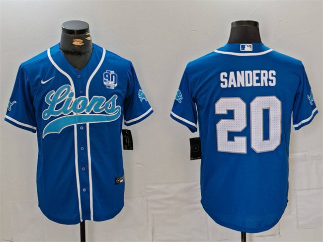 Custom Men’s Detroit Lions #20 Barry Sanders Blue With 90th Anniversary Patch Cool Base Stitched Baseball Jersey
