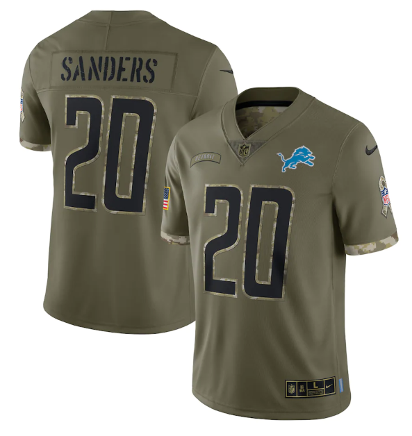 Custom Men’s Detroit Lions #20 Barry Sanders Olive 2022 Salute To Service Limited Stitched Jersey