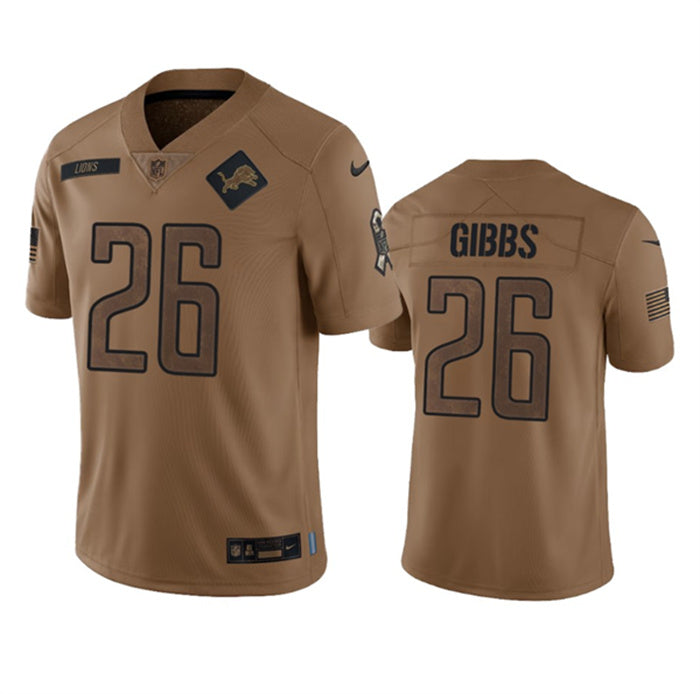 Custom Men’s Detroit Lions #26 Jahmyr Gibbs 2023 Brown Salute To Service Limited Stitched Jersey