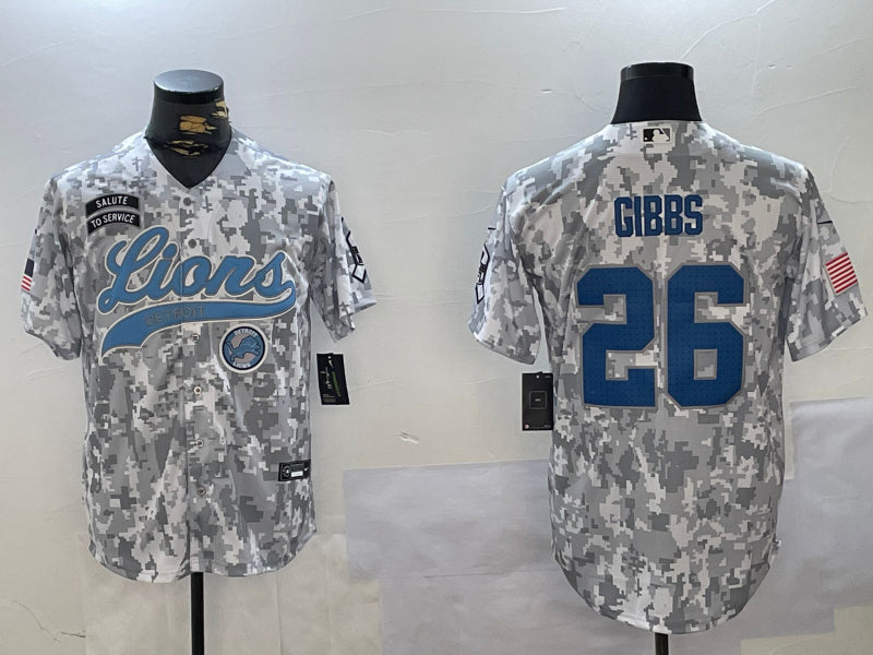 Custom Men’s Detroit Lions #26 Jahmyr Gibbs 2024 Arctic Camo Salute To Service Stitched Baseball Jerseys