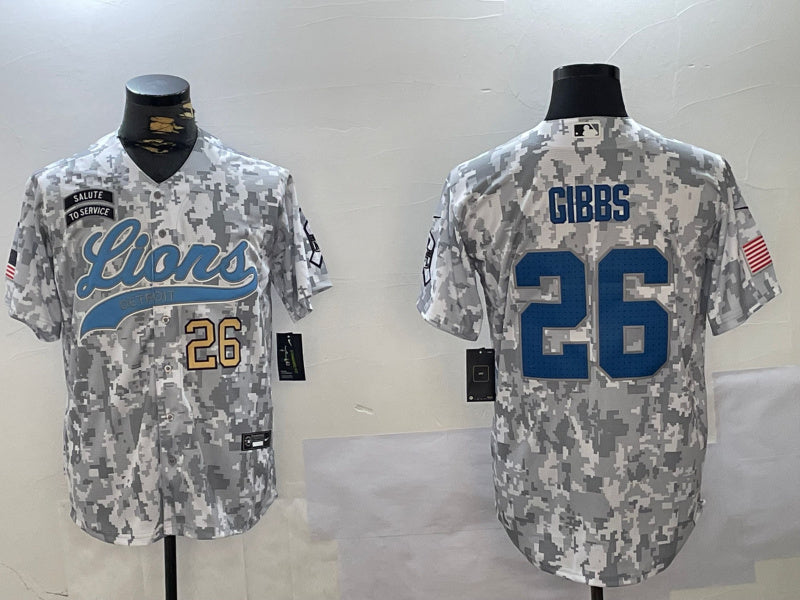Custom Men’s Detroit Lions #26 Jahmyr Gibbs 2024 Arctic Camo Salute To Service Stitched Baseball Jerseys