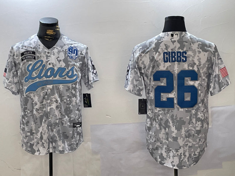 Custom Men’s Detroit Lions #26 Jahmyr Gibbs 2024 Arctic Camo Salute To Service Stitched Baseball Jerseys