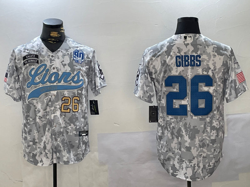 Custom Men’s Detroit Lions #26 Jahmyr Gibbs 2024 Arctic Camo Salute To Service Stitched Baseball Jerseys