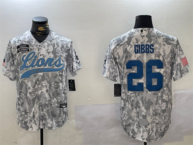 Custom Men’s Detroit Lions #26 Jahmyr Gibbs 2024 Arctic Camo Salute To Service Stitched Baseball Jersey