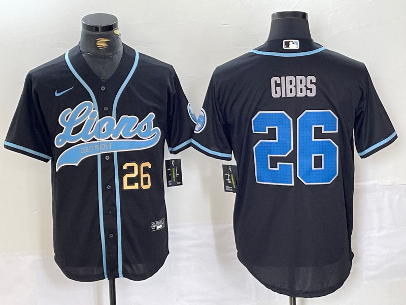 Custom Men’s Detroit Lions #26 Jahmyr Gibbs Black Cool Base Stitched Baseball Jerseys