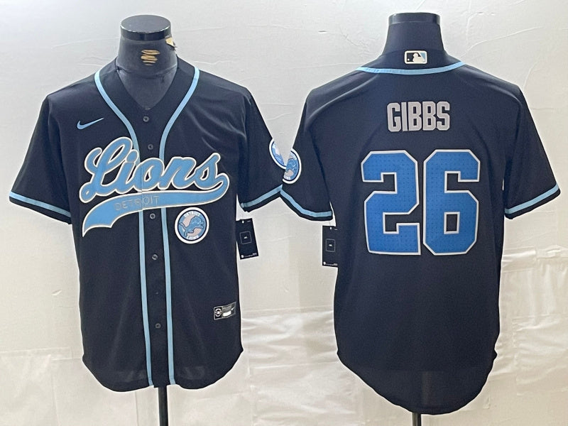 Custom Men’s Detroit Lions #26 Jahmyr Gibbs Black Cool Base Stitched Baseball Jersey