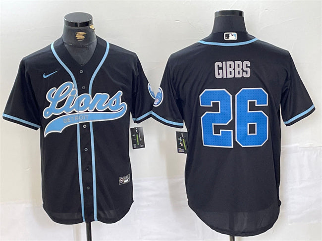 Custom Men’s Detroit Lions #26 Jahmyr Gibbs Black Cool Base Stitched Baseball Jersey