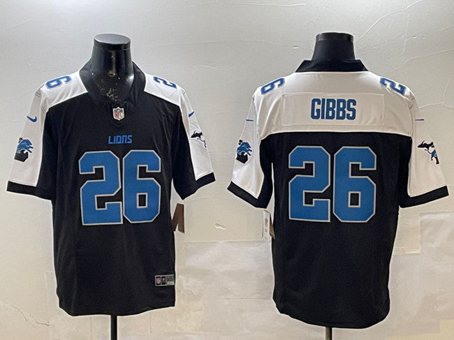Custom Men’s Detroit Lions #26 Jahmyr Gibbs Black White F.U.S.E. 2024 Michigan Patch Vapor Limited Stitched Jersey