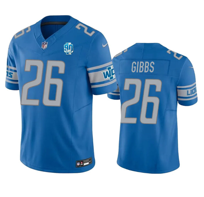 Custom Men’s Detroit Lions #26 Jahmyr Gibbs Blue 2023 F.U.S.E. 90th Anniversary Vapor Untouchable Limited Stitched Jersey