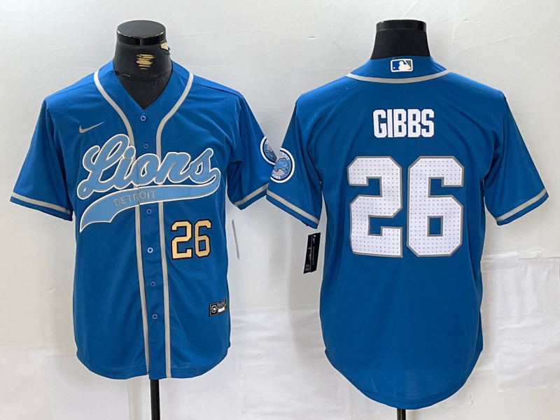 Custom Men’s Detroit Lions #26 Jahmyr Gibbs Blue Cool Base Stitched Baseball Jerseys