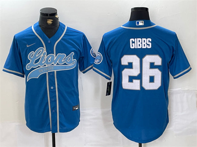 Custom Men’s Detroit Lions #26 Jahmyr Gibbs Blue Cool Base Stitched Baseball Jersey