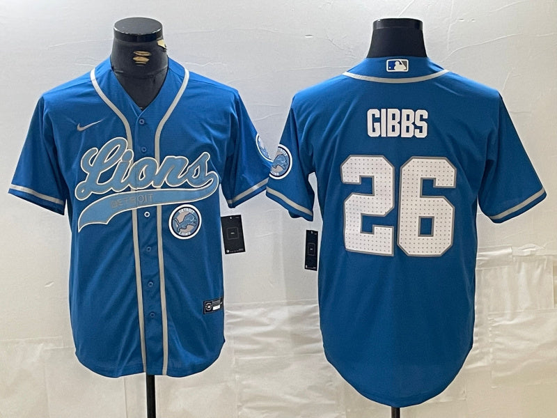 Custom Men’s Detroit Lions #26 Jahmyr Gibbs Blue Cool Base Stitched Baseball Jersey