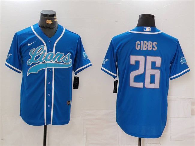 Custom Men’s Detroit Lions #26 Jahmyr Gibbs Blue Cool Base Stitched Baseball Jersey