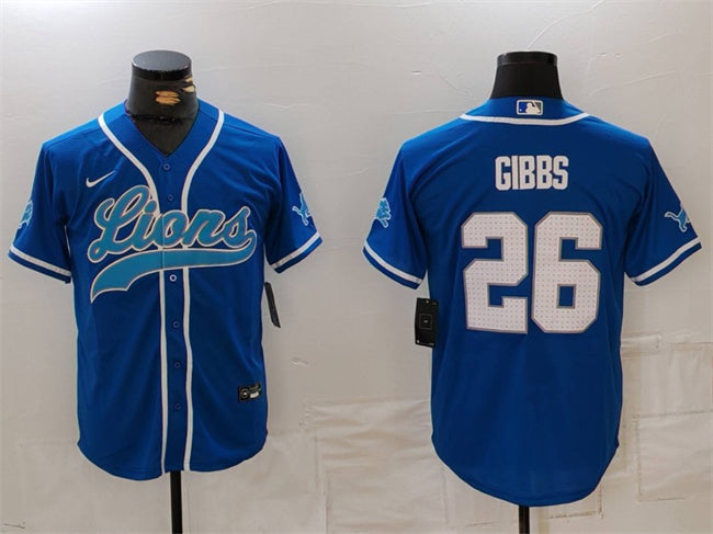 Custom Men’s Detroit Lions #26 Jahmyr Gibbs Blue Cool Base Stitched Baseball Jersey