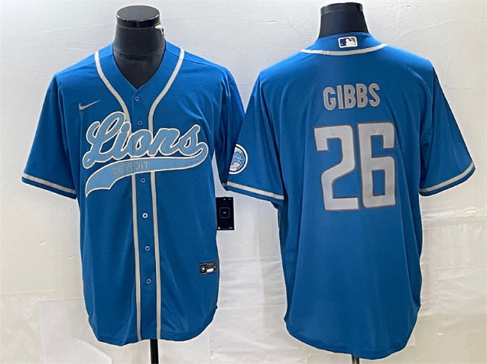 Custom Men’s Detroit Lions #26 Jahmyr Gibbs Blue Cool Base Stitched Baseball Jersey
