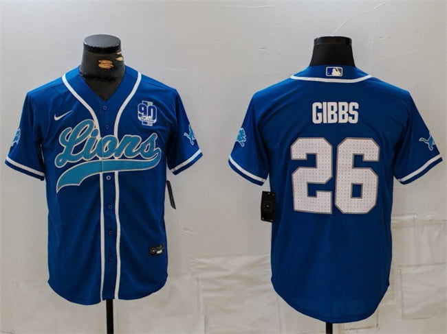 Custom Men’s Detroit Lions #26 Jahmyr Gibbs Blue With 90th Anniversary Patch Cool Base Stitched Baseball Jersey