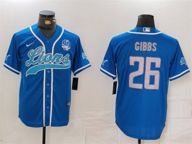 Custom Men’s Detroit Lions #26 Jahmyr Gibbs Blue With 90th Anniversary Patch Cool Base Stitched Baseball Jersey
