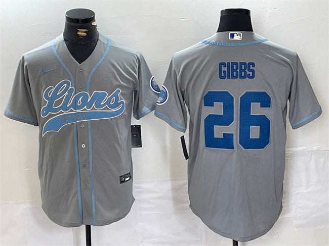 Custom Men’s Detroit Lions #26 Jahmyr Gibbs Grey Cool Base Stitched Baseball Jersey