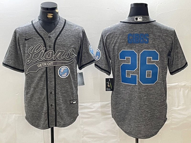 Custom Men’s Detroit Lions #26 Jahmyr Gibbs Grey Cool Base Stitched Baseball Jerseys