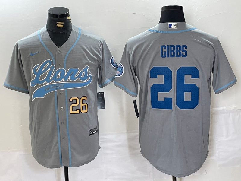 Custom Men’s Detroit Lions #26 Jahmyr Gibbs Grey Cool Base Stitched Baseball Jerseys