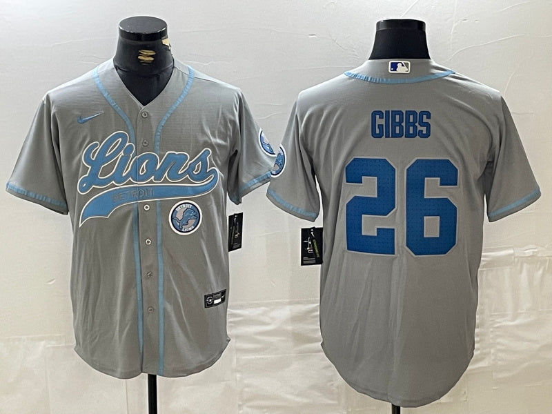 Custom Men’s Detroit Lions #26 Jahmyr Gibbs Grey Cool Base Stitched Baseball Jersey
