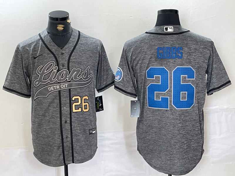 Custom Men’s Detroit Lions #26 Jahmyr Gibbs Grey Cool Base Stitched Baseball Jerseys