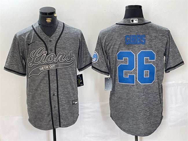 Custom Men’s Detroit Lions #26 Jahmyr Gibbs Grey Cool Base Stitched Baseball Jersey