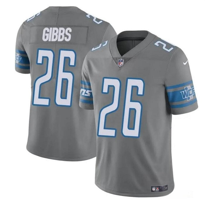 Custom Men’s Detroit Lions #26 Jahmyr Gibbs Grey Vapor Untouchable Limited Stitched Jersey